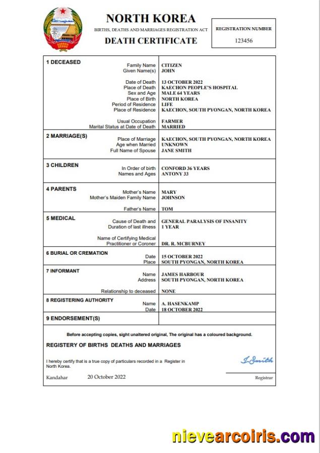 North Korea vital record death certificate